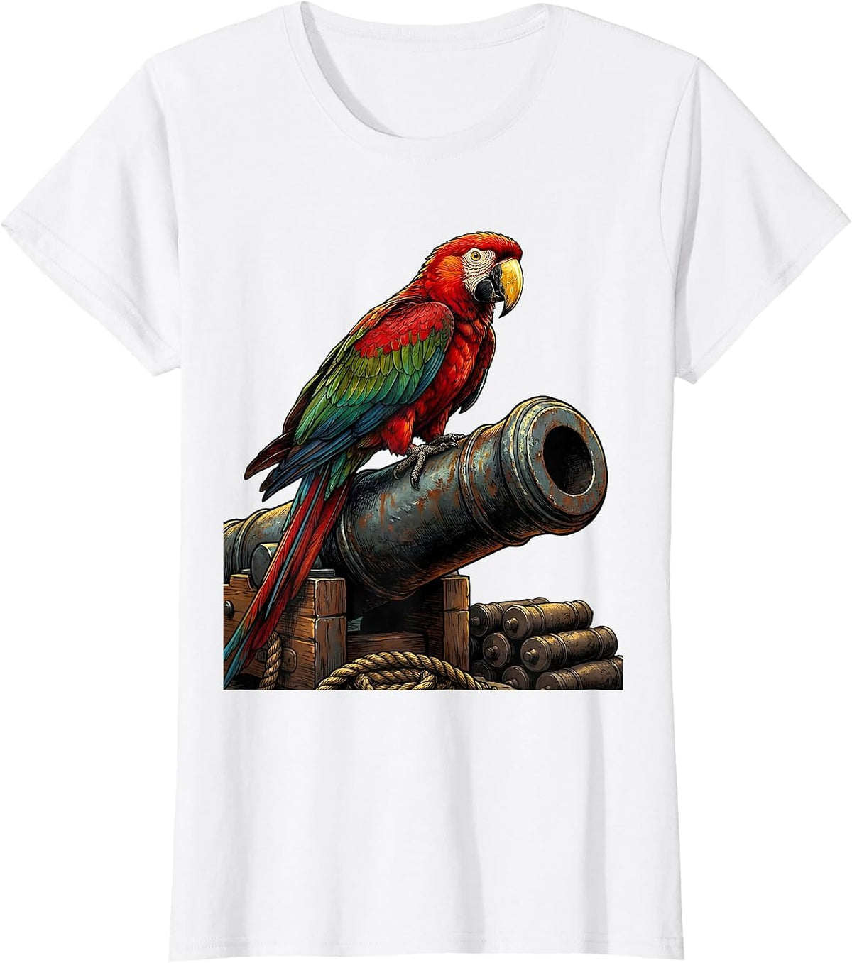 Pirate Parrot Perched on Cannon Barrel T-Shirt - White