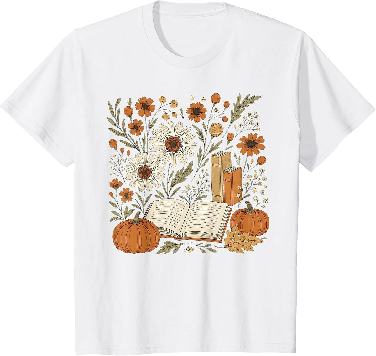 Reading Book Pumpkin Wildflower Fall Reader Bookish Autumn T-Shirt - White