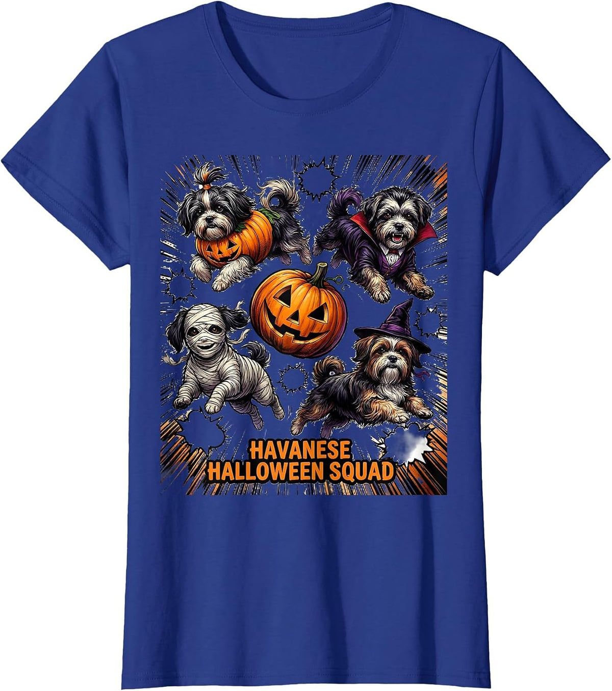 Havanese Halloween Squad Comic Book Dog Breed Costume T-Shirt, Women, Royal Blue, X-Large - As Pictured