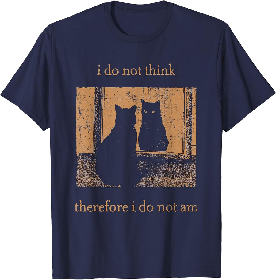 I Do Not Think Therefore I Do Not Am Retro Goth Funny Cat T-Shirt - Navy Blue