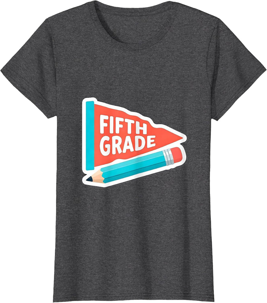Women's Fifth Grade Cheerful Preppy Back to School Teacher Pennant T-Shirt - Dark Heather Grey