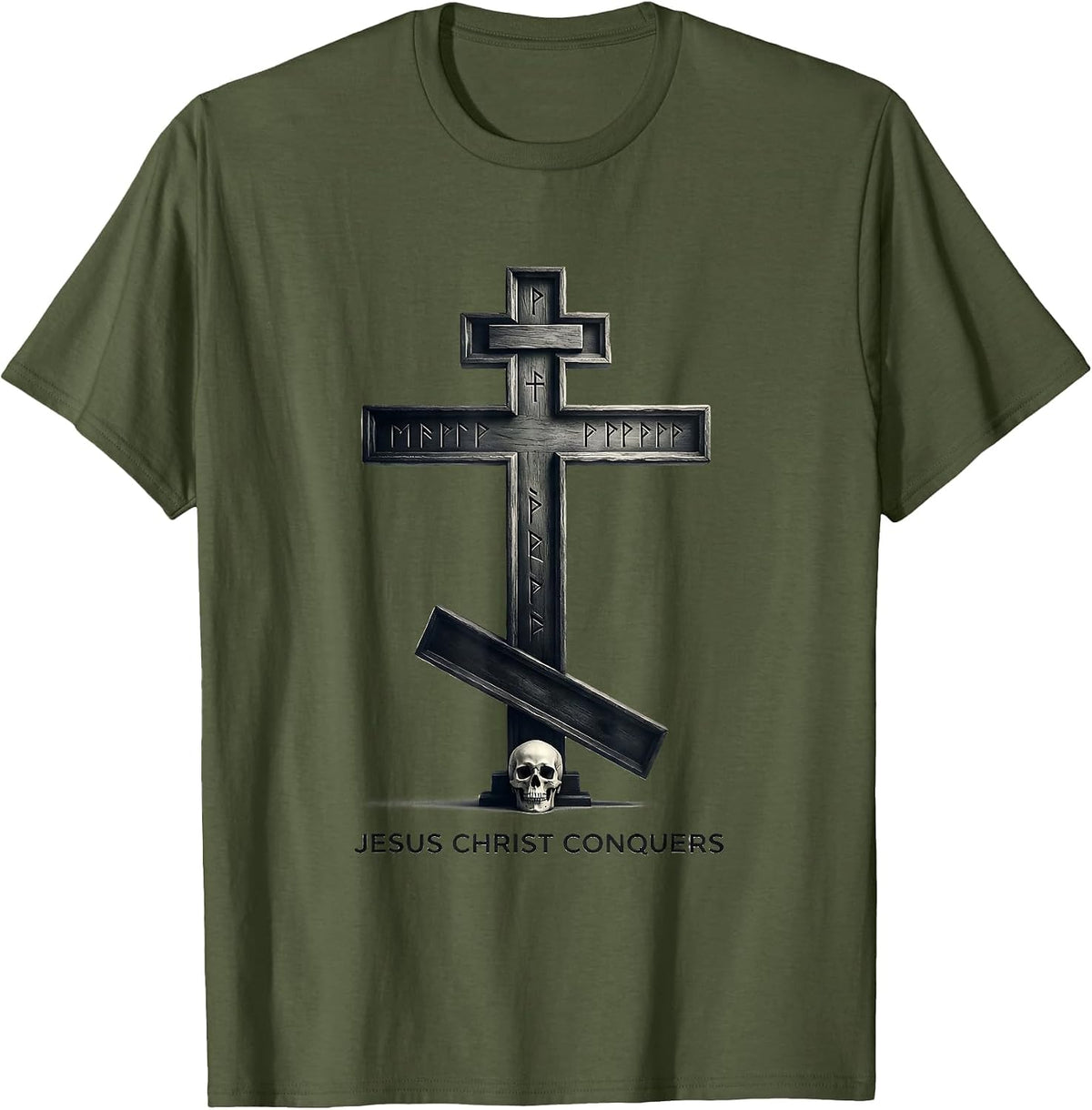 Men's Jesus Christ Conquers Monochromatic Orthodox Cross Russian T-Shirt - Olive Green
