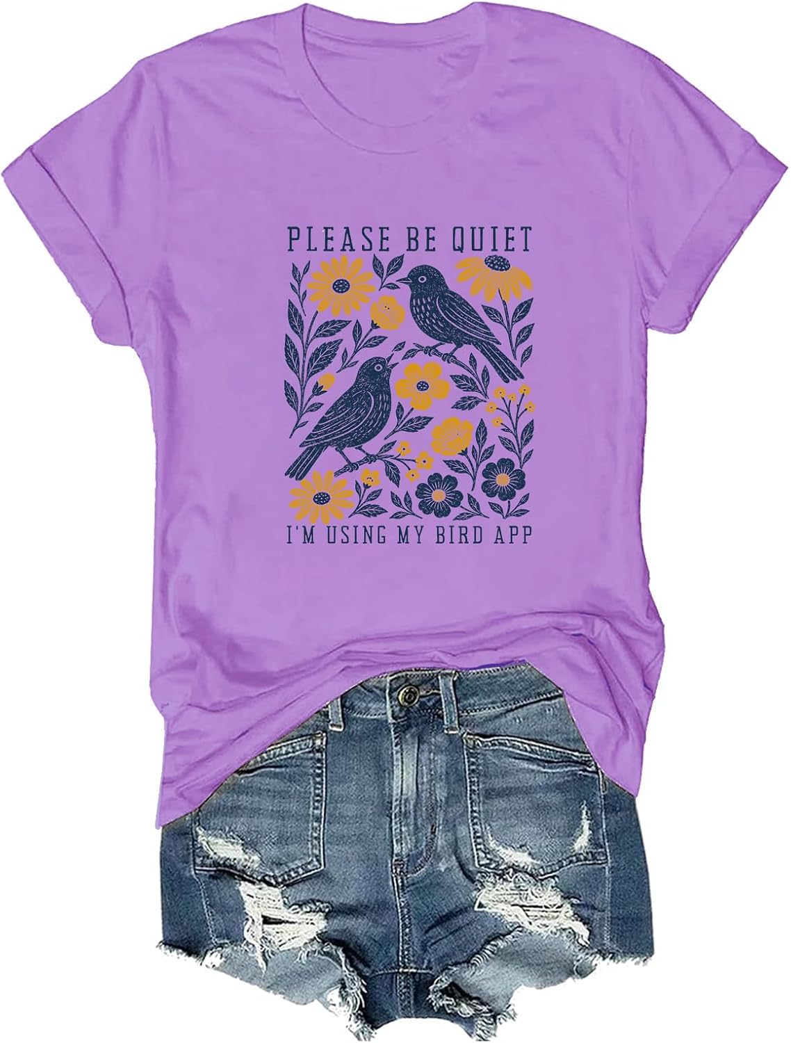 Please Be Quiet I'm Using My Bird App T-Shirt Bird Nerd Shirt Crew V Neck - Purple