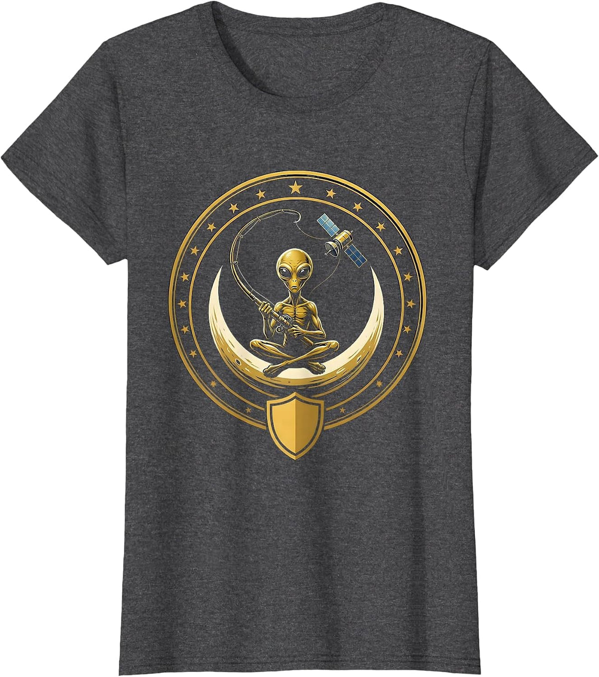 Women's Alien Fisherman Catching Satellite From Orbit T-Shirt - Dark Heather Grey