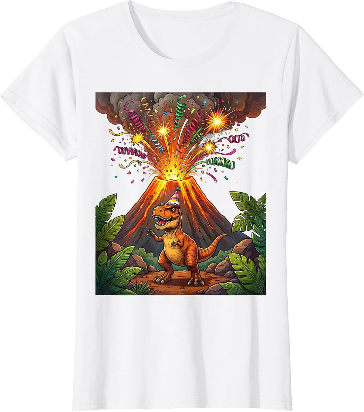 Women's Dinosaur Birthday Volcano Confetti Celebration T-Shirt - White