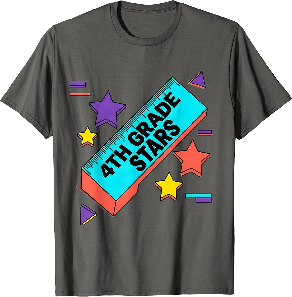 4th Grade Stars Memphis Retro Teacher Crew Back To School T-Shirt - Asphalt Grey