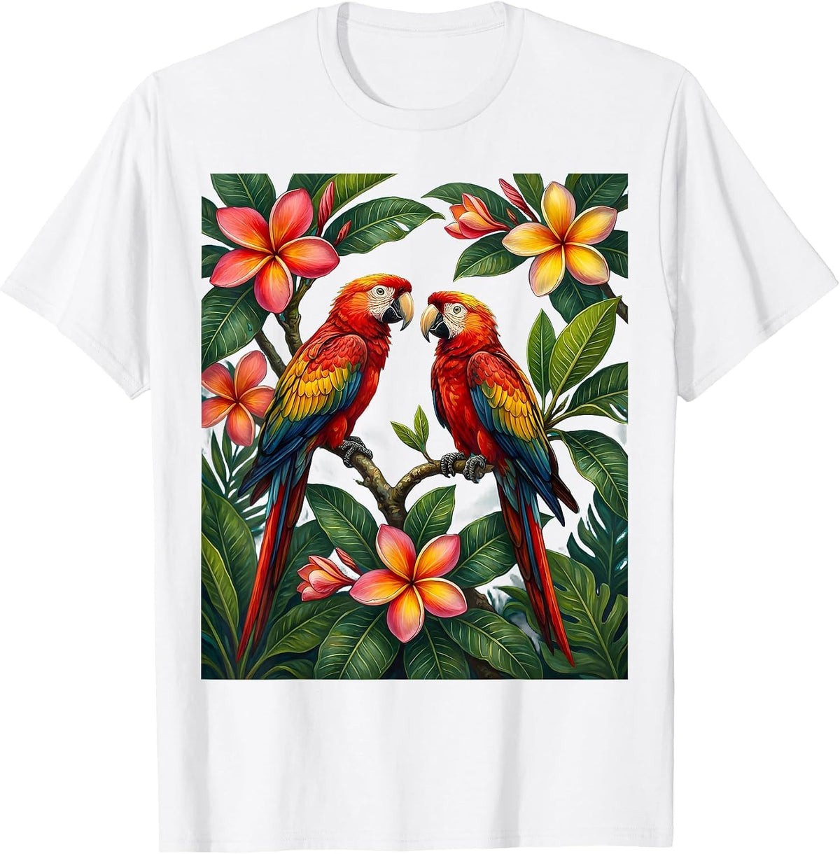 Men's Tropical Parrots Plumeria Hawaiian Floral Design T-Shirt - White