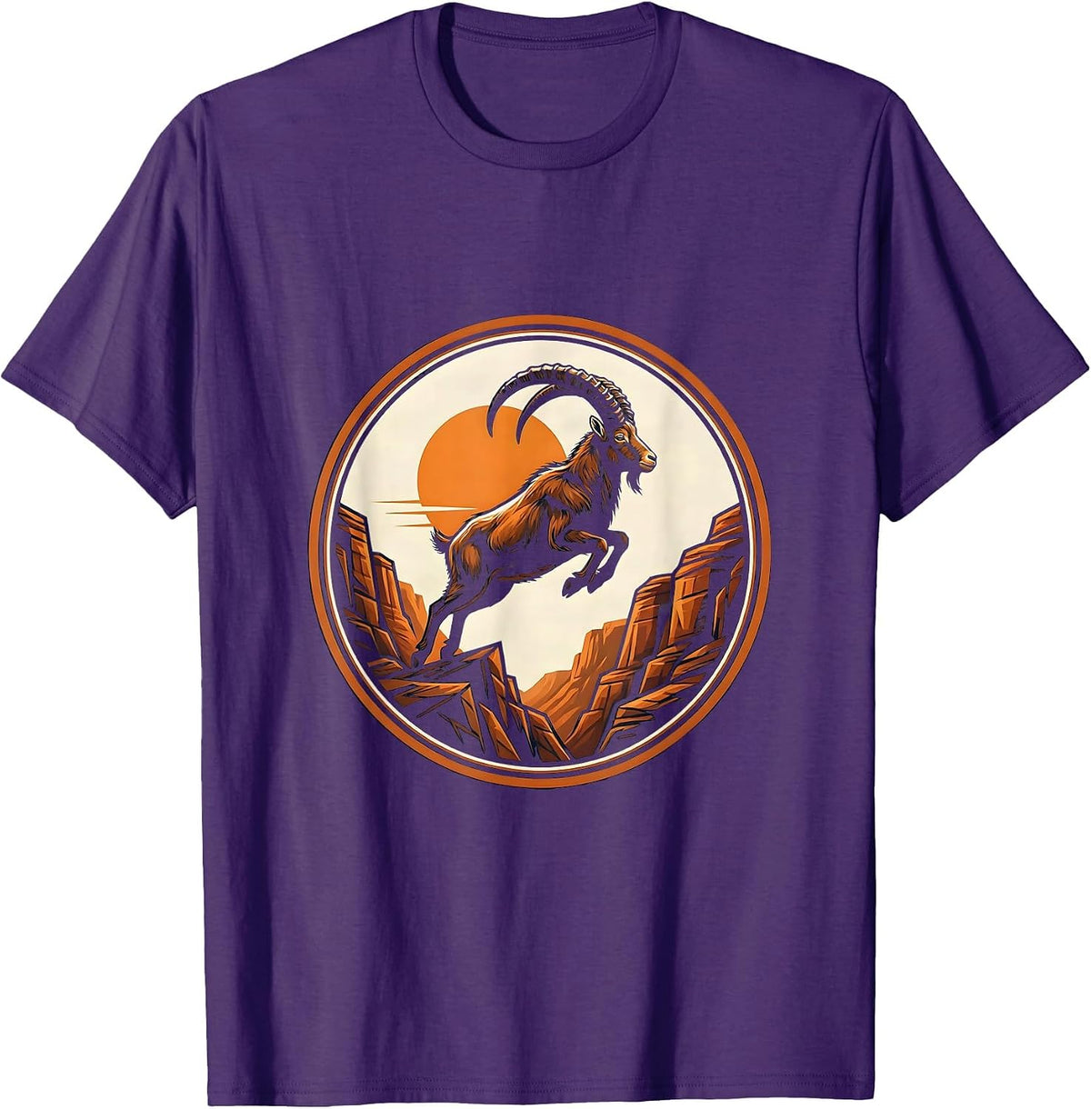 Goat Mid-Leap Over Rocky Canyon Graphic T-Shirt - Purple
