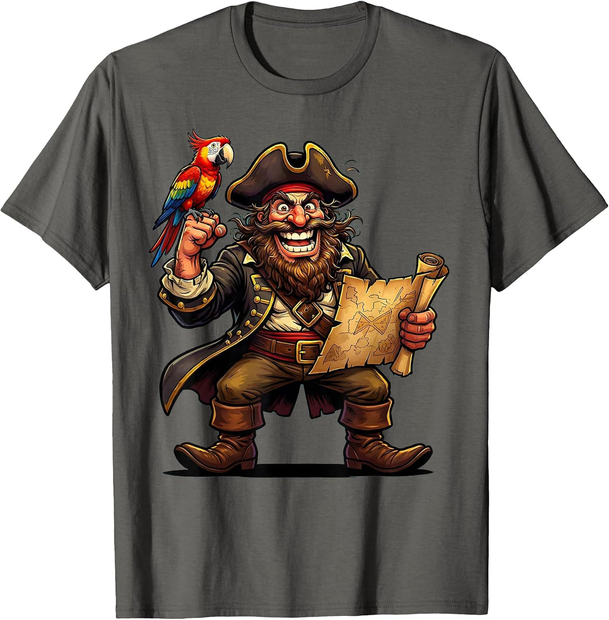 Men's Bearded Pirate Parrot and Treasure Map Graphic T-Shirt - Asphalt Grey