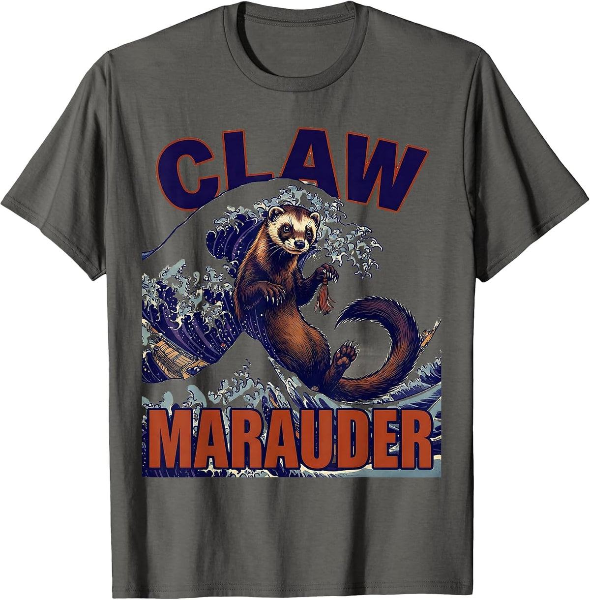 Men's Claw Marauder Ukiyo-e Ferret Lover Gift T-Shirt - Asphalt Grey