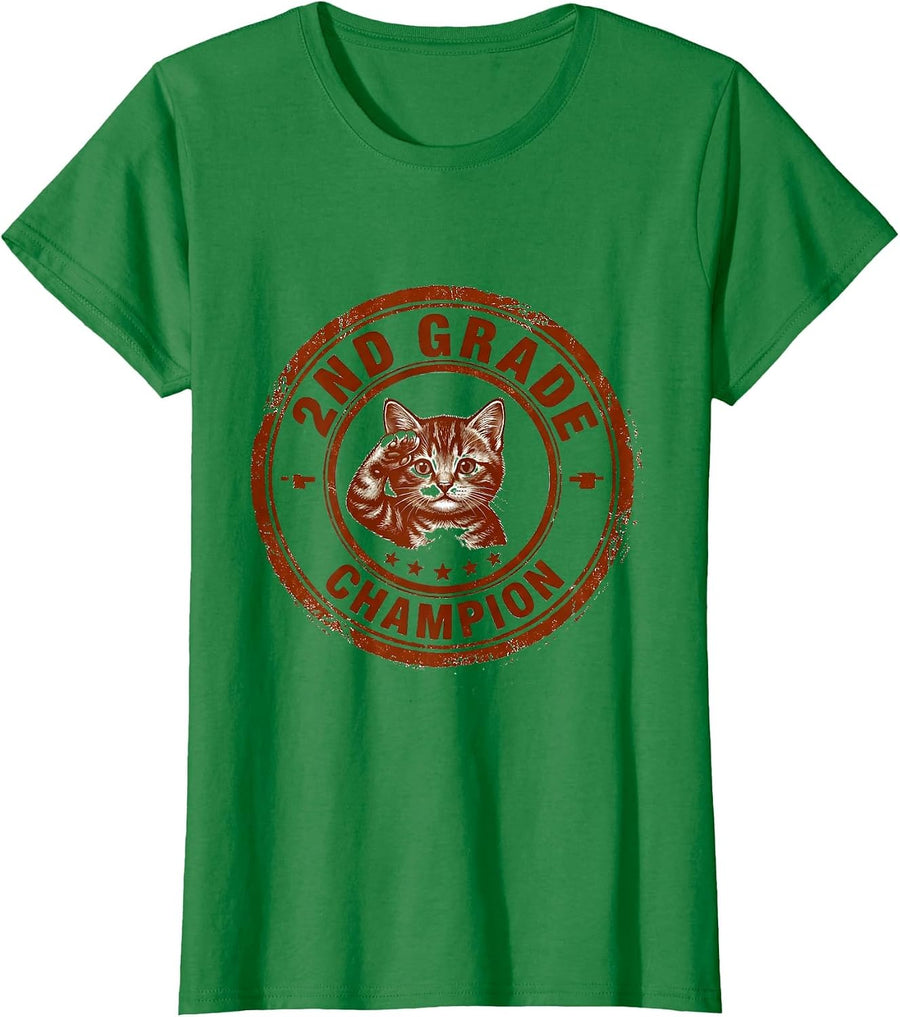 Women's 2nd Grade Champion Cute Kitten Back To School Girls T-Shirt - Kelly Green