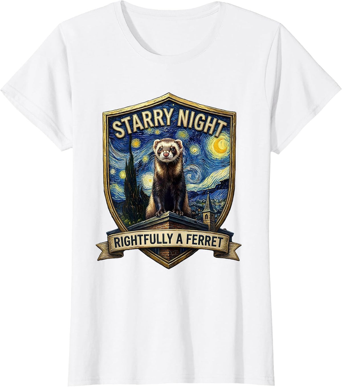 Starry Night Rightfully A Ferret Whimsical Art Parody Ferret T-Shirt - White