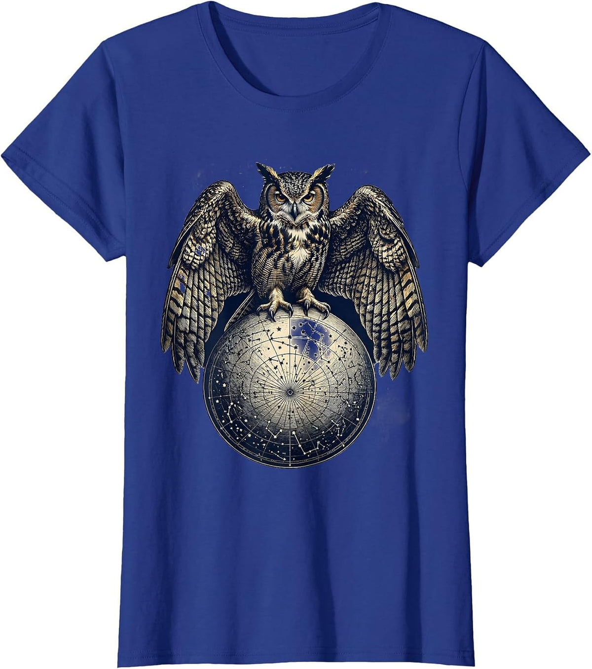 Women's Owl Perched on Constellation Map Illustration T-Shirt - Royal Blue