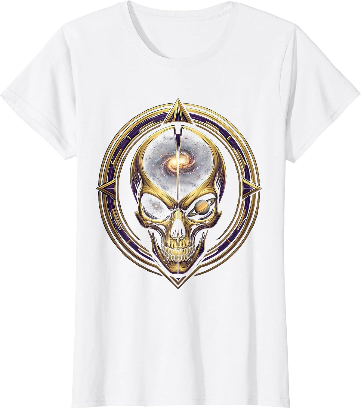 Women's Alien Head Galaxy Universe Cosmic Space Art T-Shirt - White