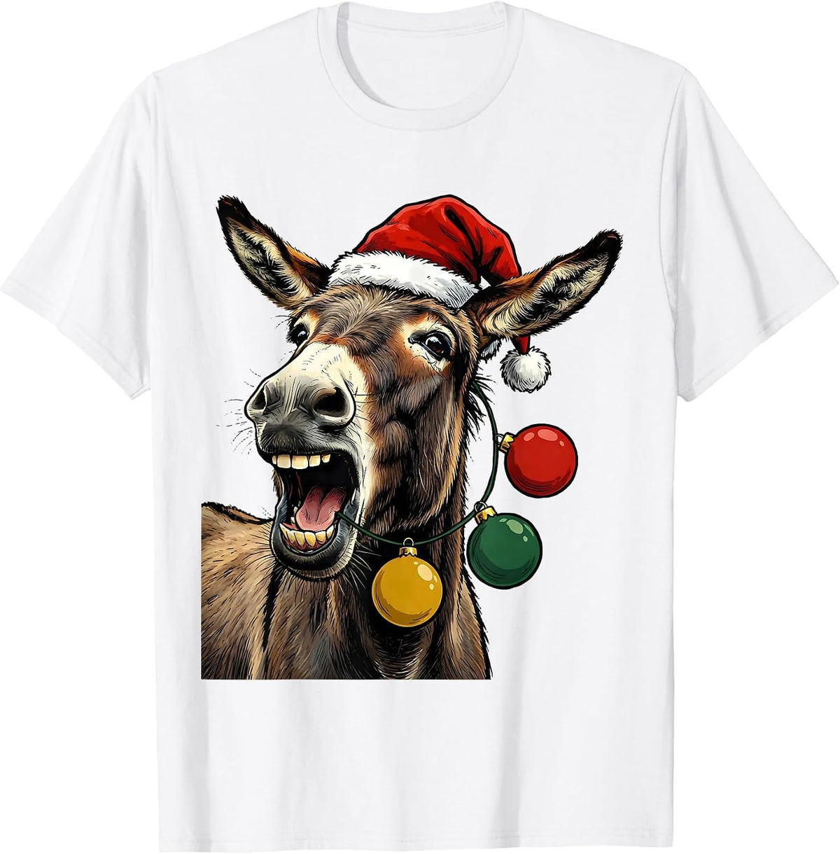 Men's Donkey Santa Hat Whimsical Farm Animal Christmas Novelty T-Shirt - White
