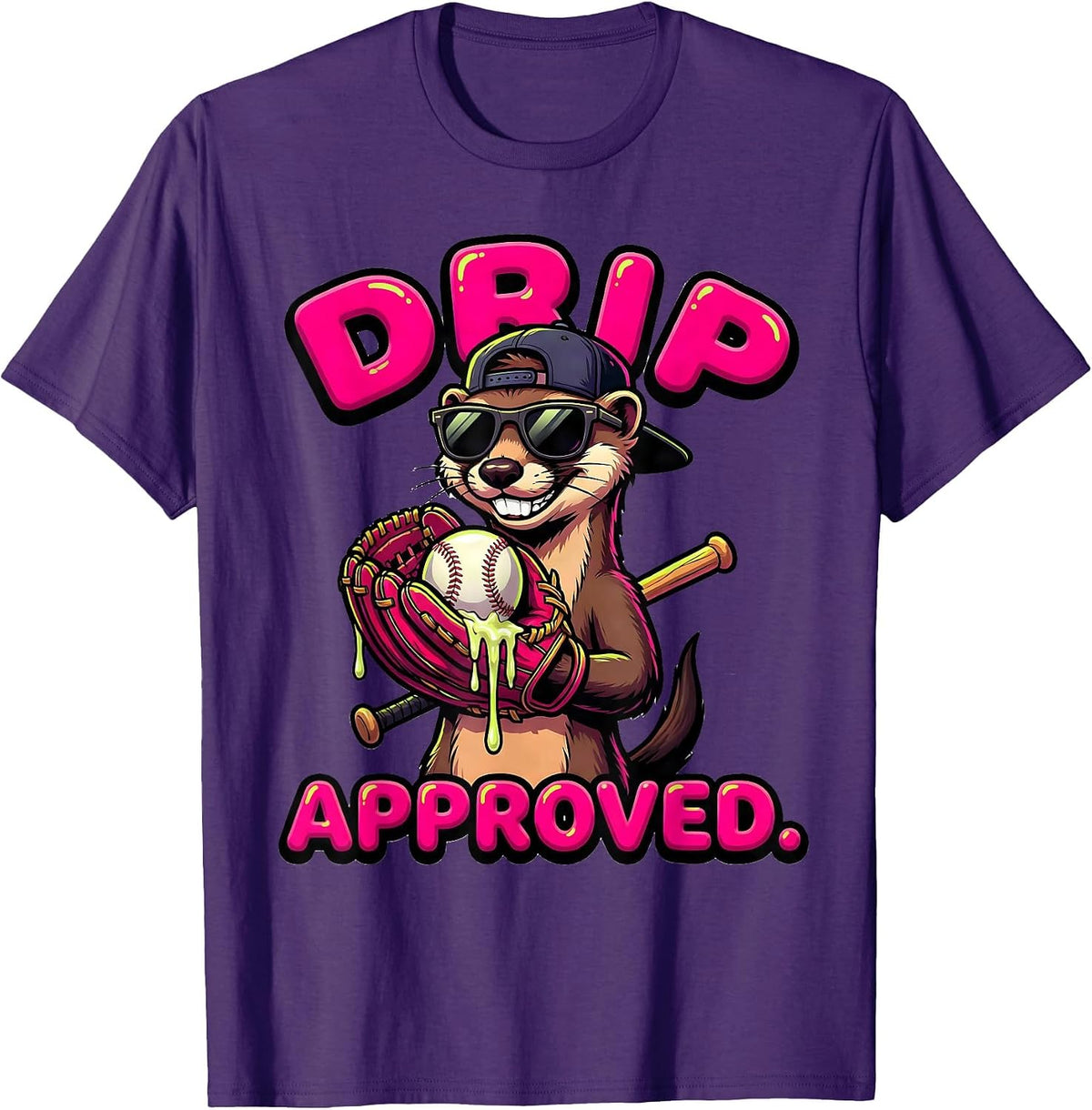 Drip Approved Cartoon Ferret Baseball Ice Cream Humor T-Shirt - Purple
