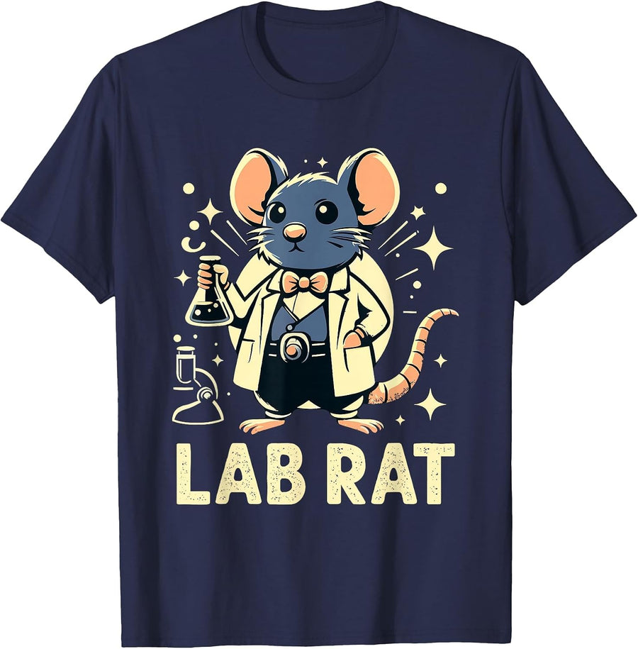 Adorable Lab Rat Scientist Cartoon T-Shirt - Navy Blue
