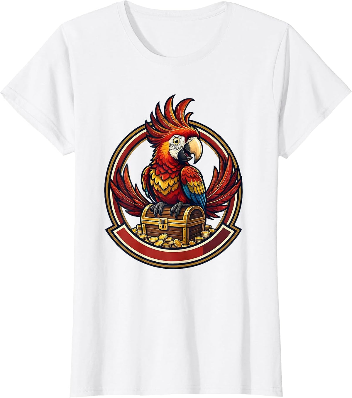 Women's Pirate Parrot on Treasure Chest Graphic Tee T-Shirt - White