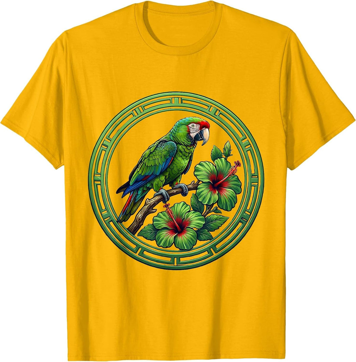 Men's Puerto Rican Parrot on Hibiscus Branch Design T-Shirt - Golden Yellow