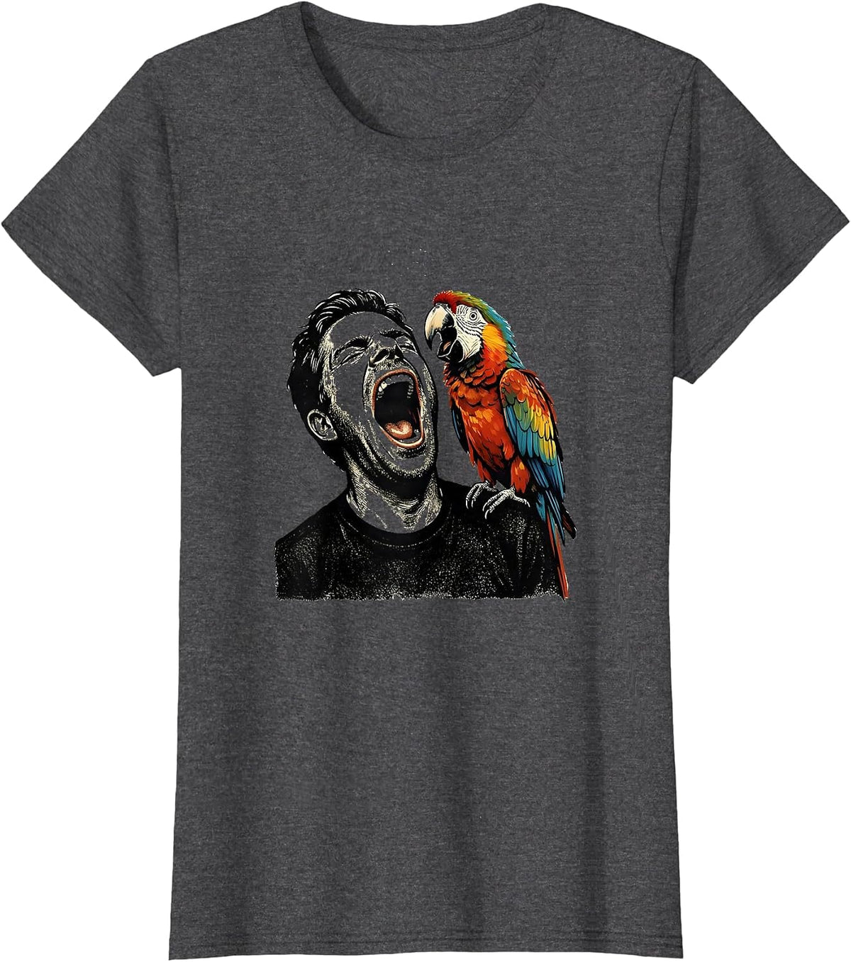 Women's Funny Parrot Mimicking Yawning Man on Shoulder T-Shirt - Dark Heather Grey