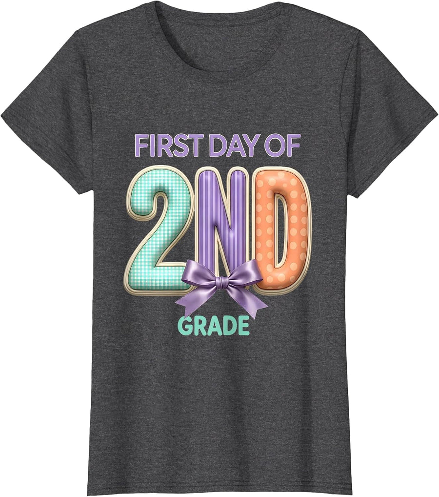 Women's First Day Of 2nd Grade Coquette Bow Back To School Teacher T-Shirt - Dark Heather Grey