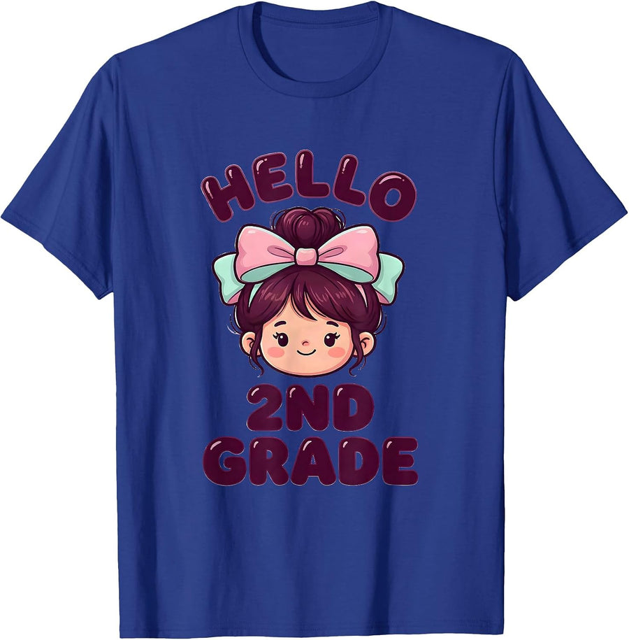 Hello 2nd Grade Cute Kawaii Messy Bun Girl Back To School T-Shirt - Royal Blue