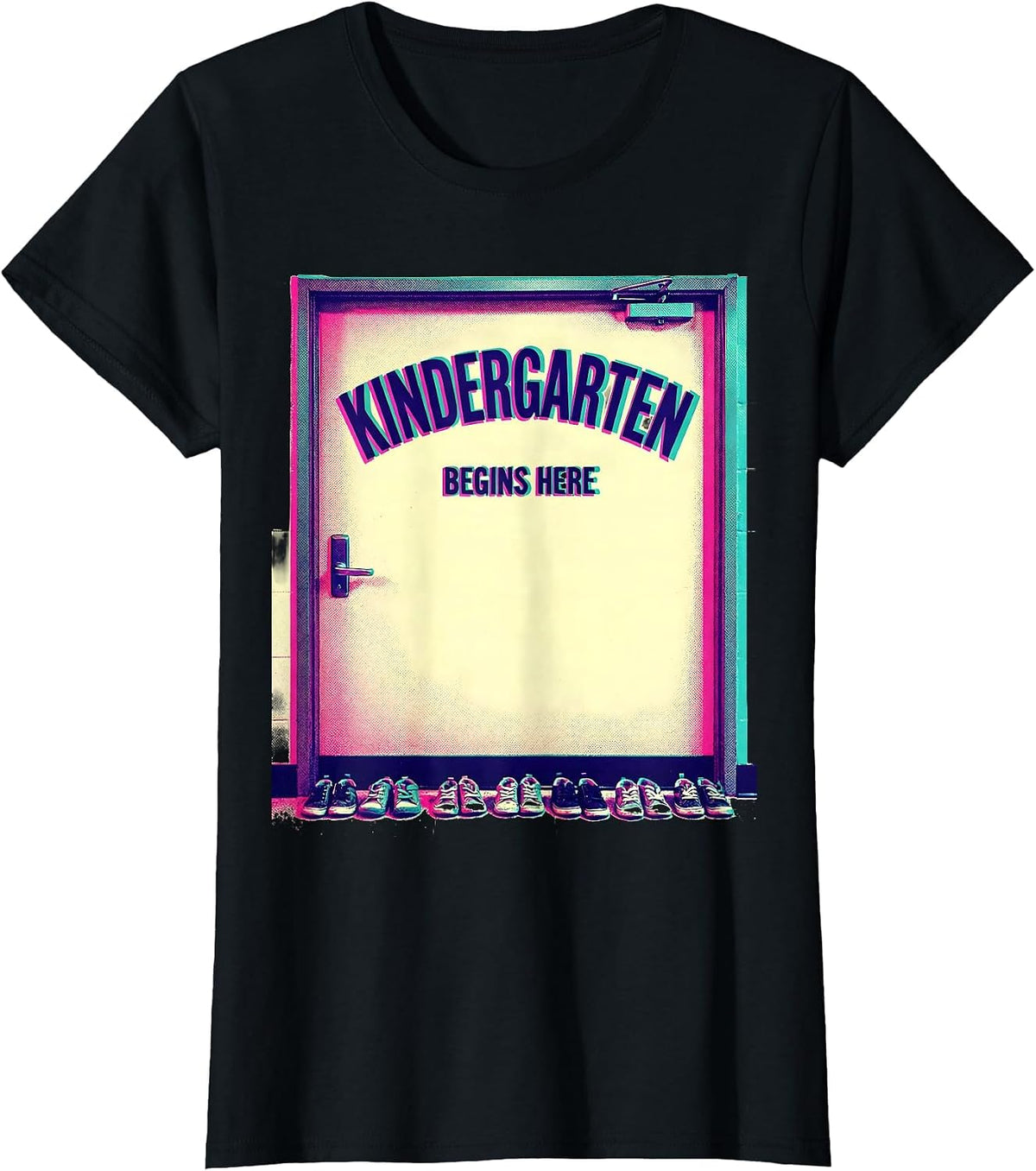 Kindergarten Begins Here Playful Risograph Teacher Identity T-Shirt - Black