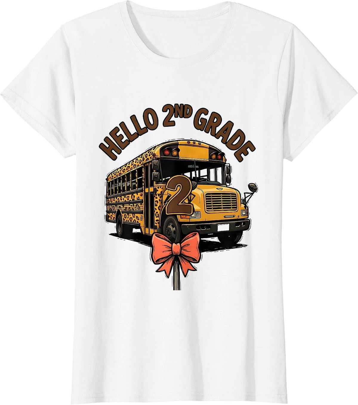Hello 2nd Grade Leopard Rosette School Bus Back To School T-Shirt - White