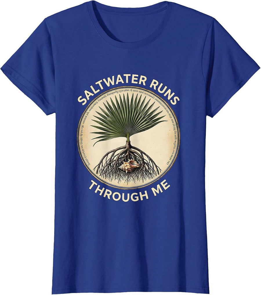 Saltwater Runs Through Me Caribbean Design T-Shirt, Women, Royal Blue, Large - As Pictured