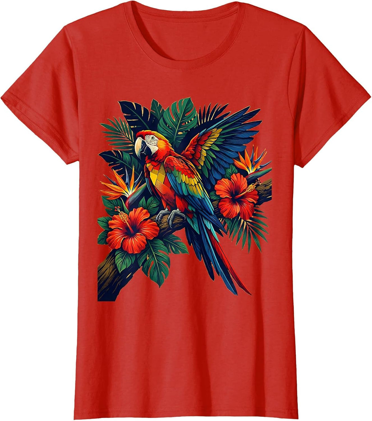Mexico Parrot on Flowering Jungle Branch T-Shirt - Red