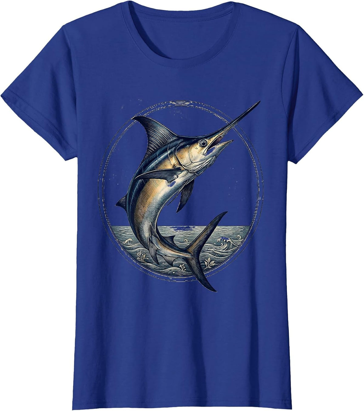 Women's Swordfish Breaking Ocean Surface Fishing Graphic T-Shirt - Royal Blue