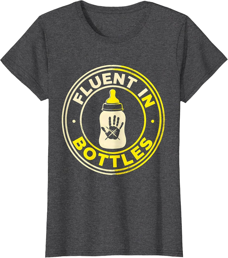 Women's Fluent In Bottles Stencil Graphic Childcare Teacher Daycare T-Shirt - Dark Heather Grey
