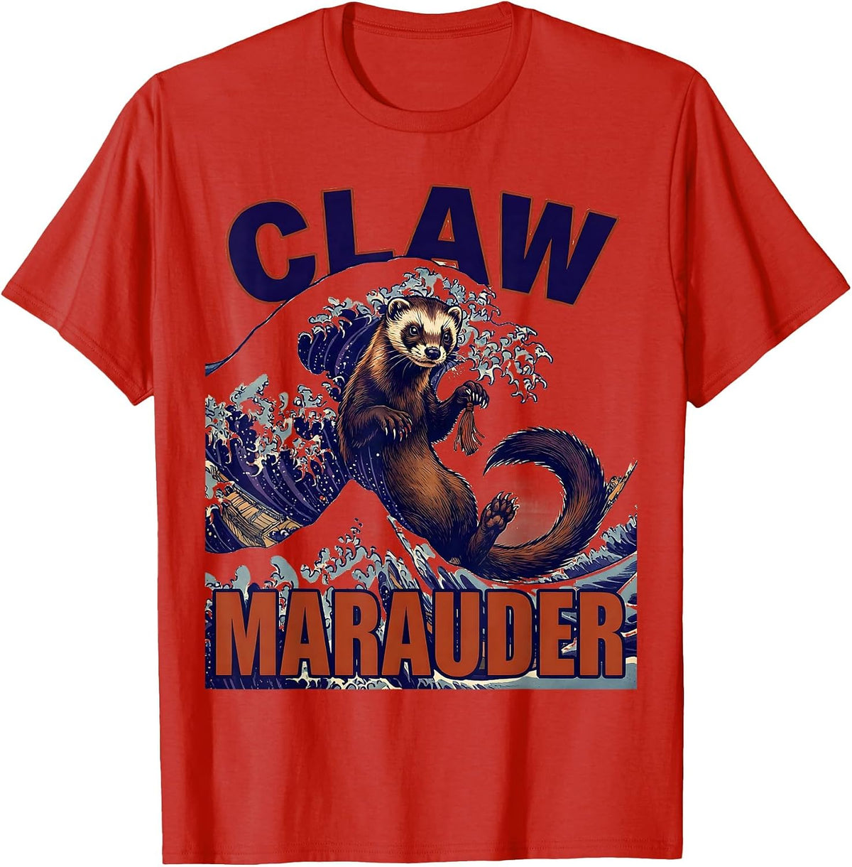 Men's Claw Marauder Ukiyo-e Ferret Lover Gift T-Shirt - Red