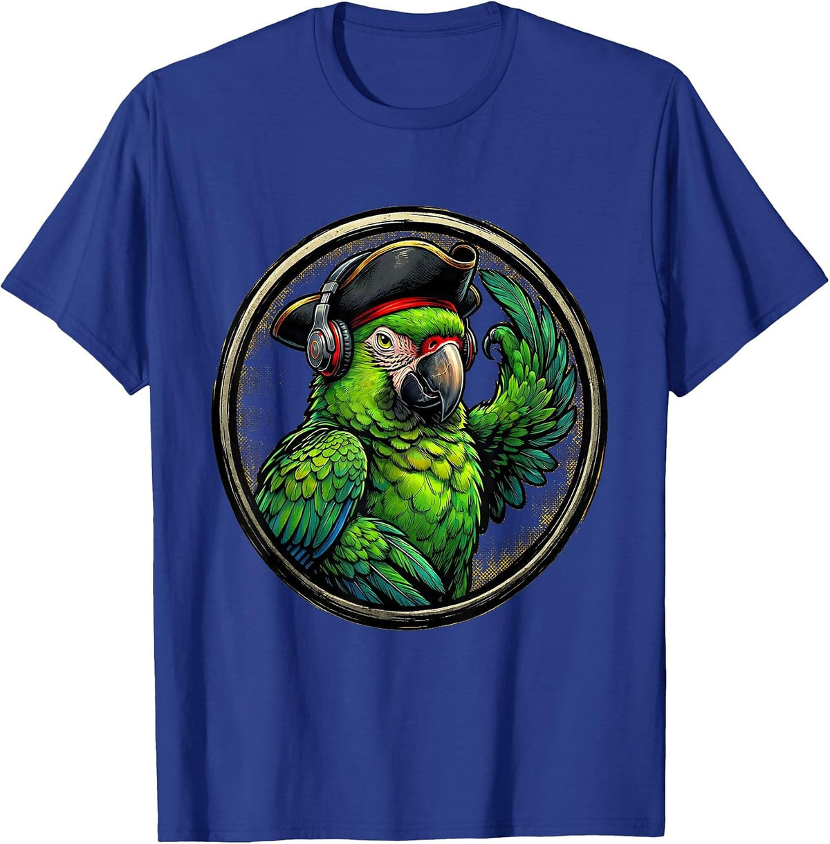 Funny Pirate Parrot With Tiny Earphones Graphic T-Shirt - Royal Blue