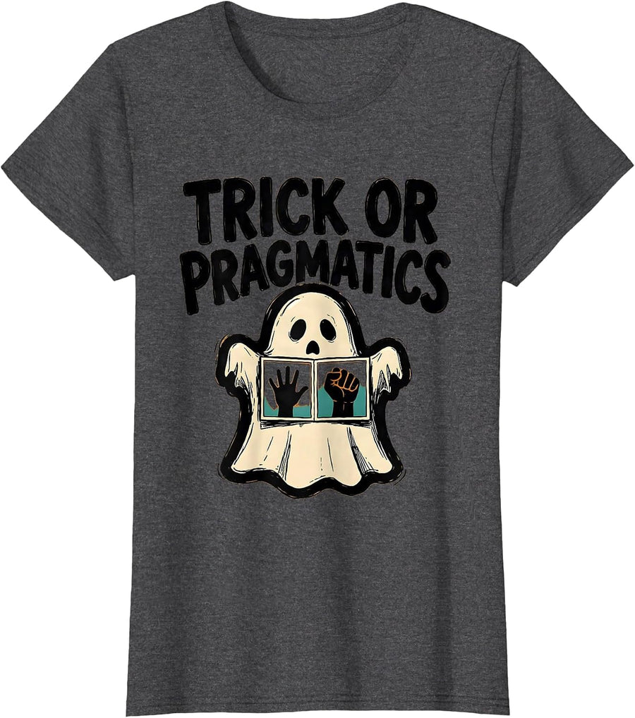Women's Trick Or Pragmatics Marker Outline Ghost Speech Therapy SLP T-Shirt - Dark Heather Grey
