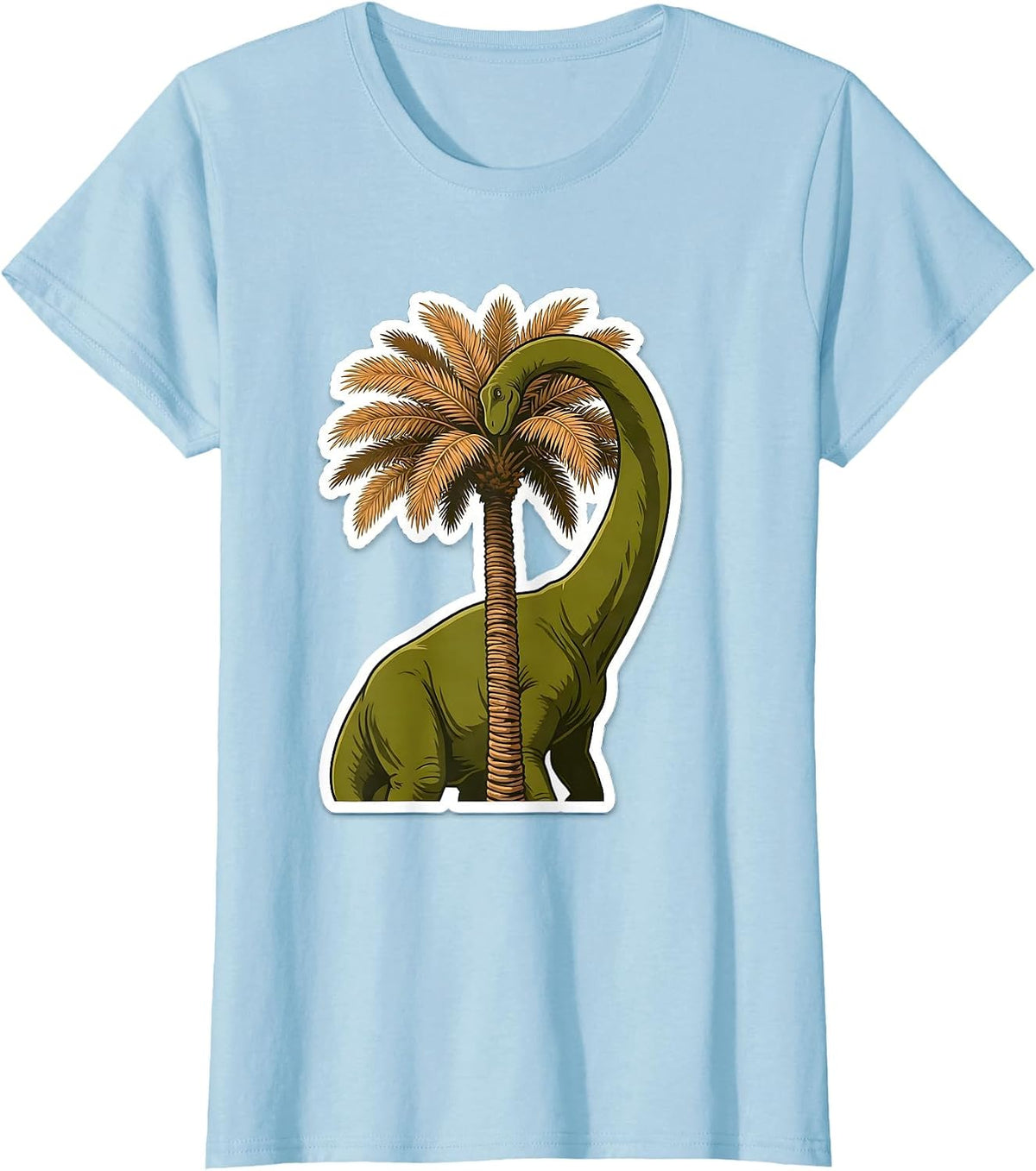 Diplodocus Dinosaur Eating From Tall Palm Tree T-Shirt - Baby Blue