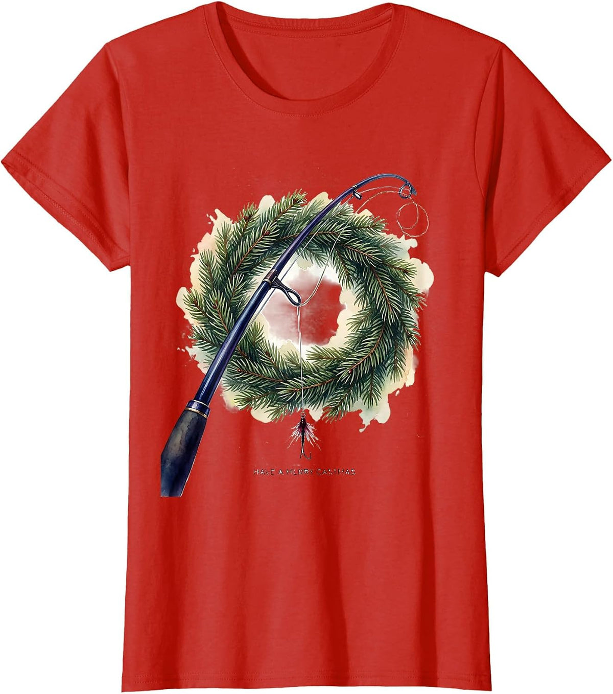 Have a Merry Castmas Watercolor Fishing Christmas Ugly T-Shirt - Red