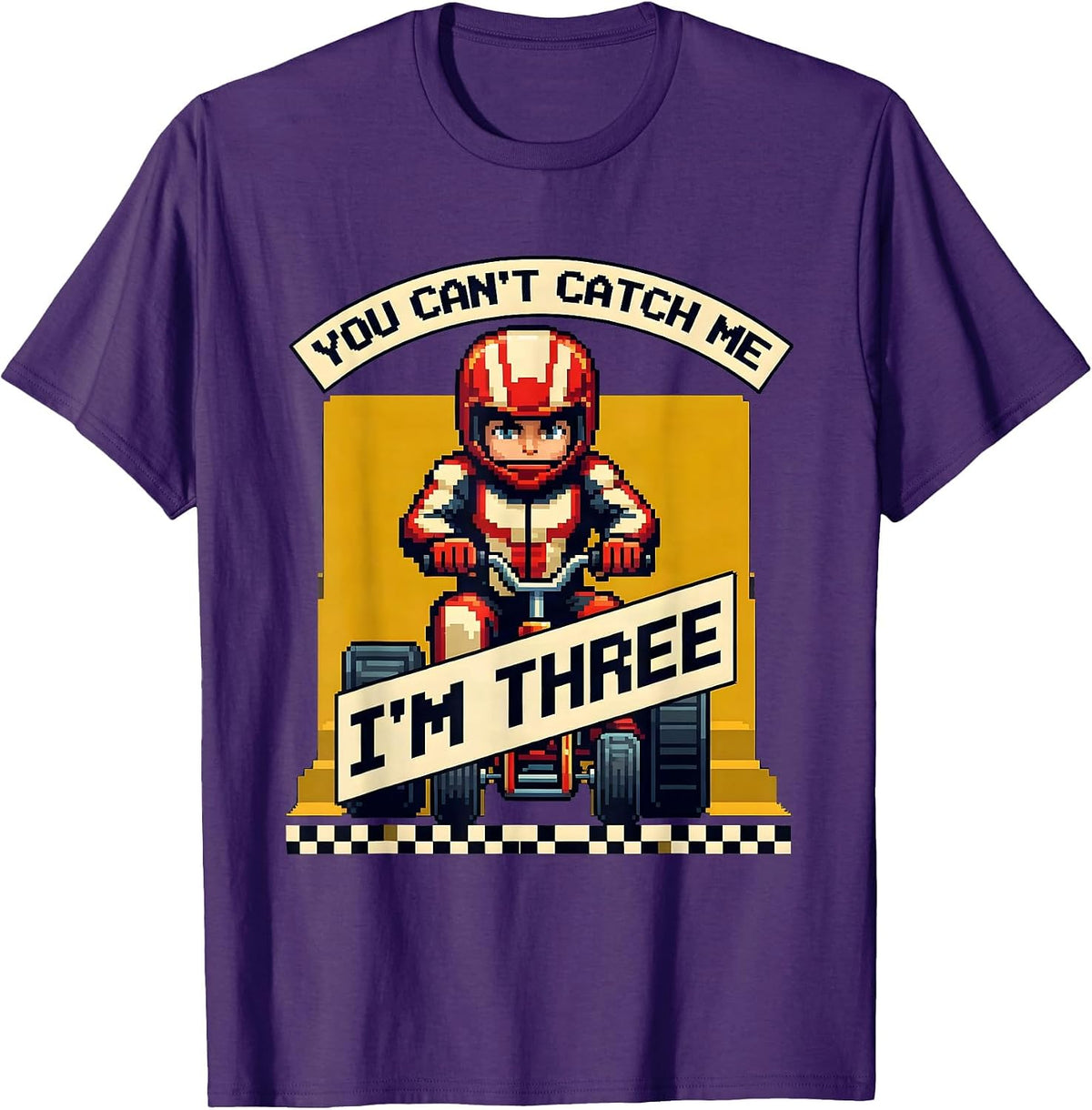 Men's You Can't Catch Me, I'm Three Pixel Art Race Car Birthday T-Shirt - Purple