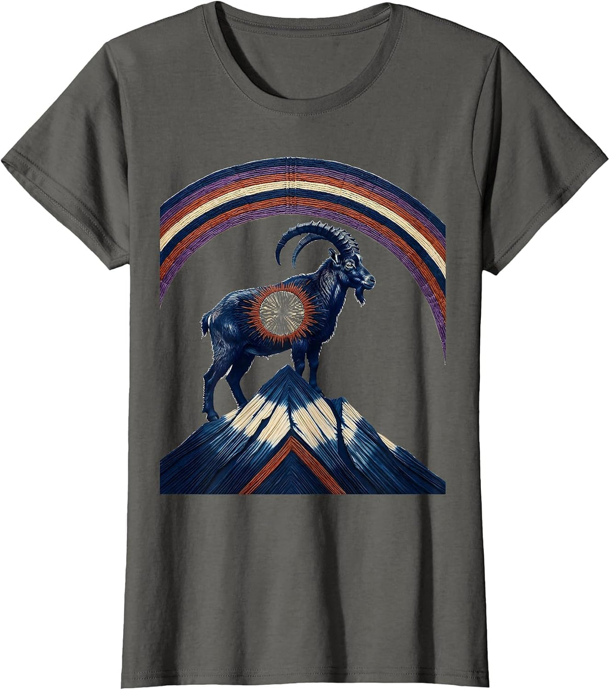 Women's Hippie Goat on Mountain Rainbow Graphic T-Shirt - Asphalt Grey