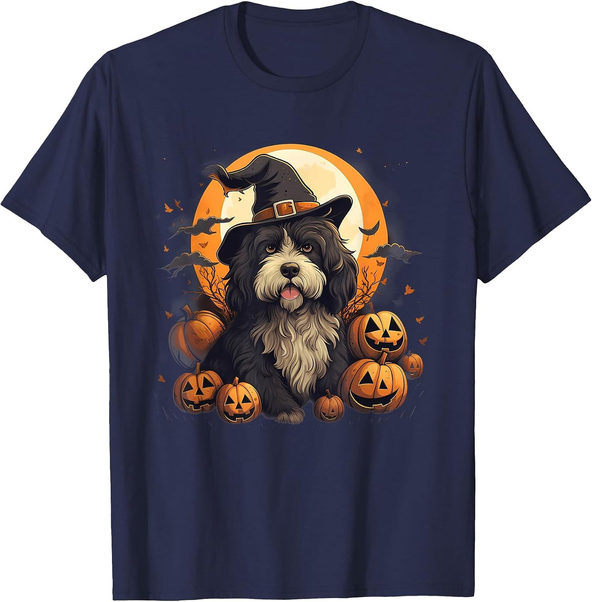 Spooky Bernedoodle Dog Witch Halloween T-Shirt - Navy Blue