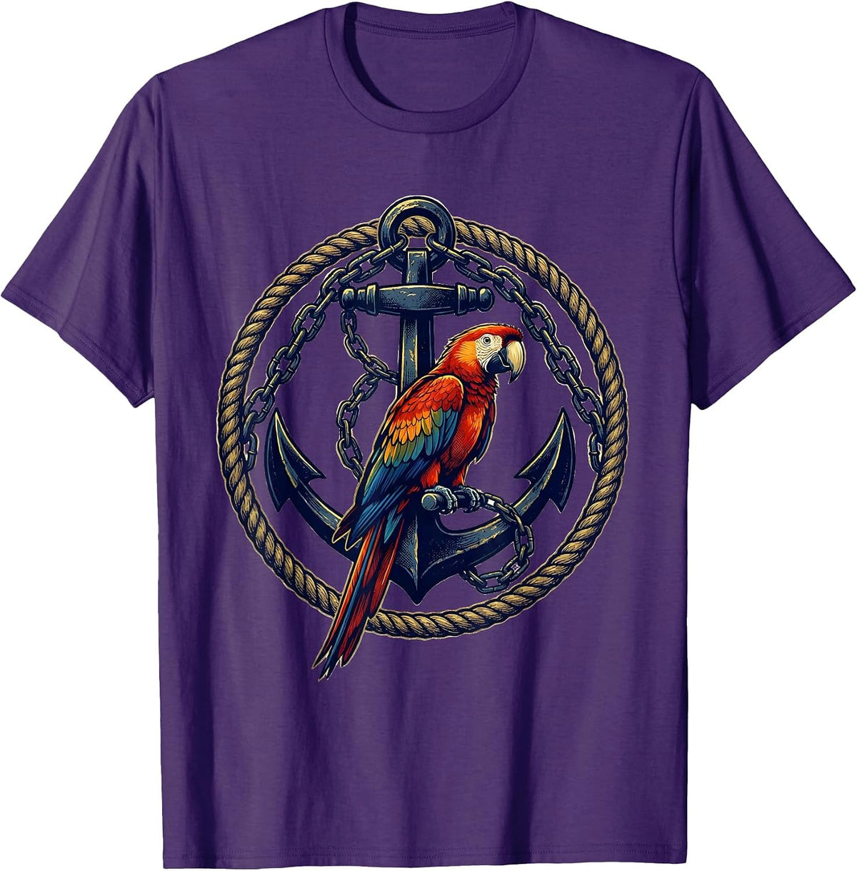 Pirate Parrot Perched on Anchor with Chains T-Shirt - Purple