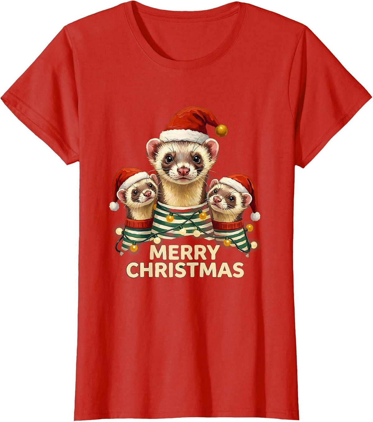 Merry Christmas Ferret Santa Hat Matching Family Pajama T-Shirt - Red