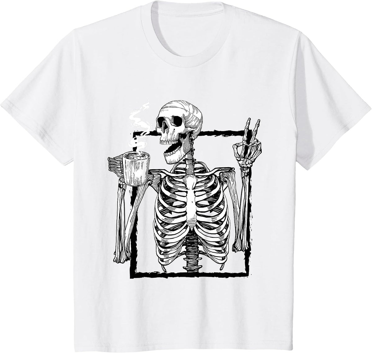 Skeleton Drinking Coffee Peace Halloween Grunge Aesthetic T-Shirt - White