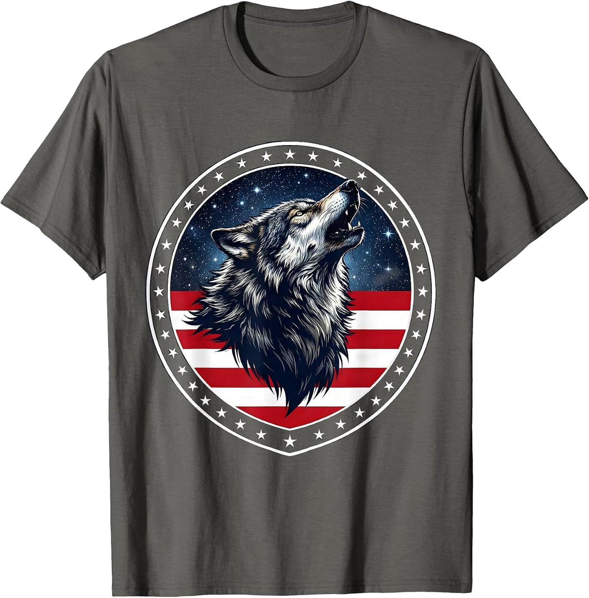 Wolf Howling at Starry Night Sky Illustration T-Shirt - Asphalt Grey