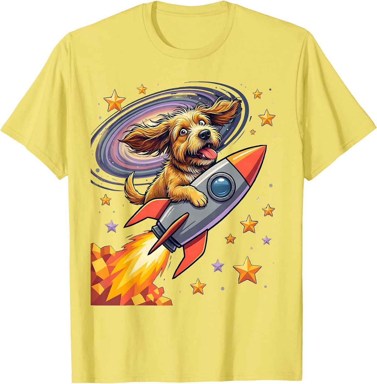 Men's Crazy Dog Riding Rocket Through Outer Space T-Shirt - Lemon Yellow