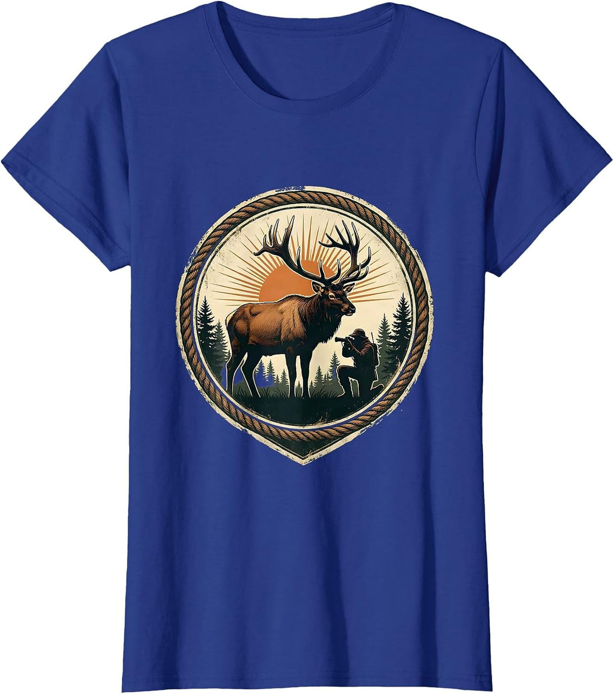 Women's Hunter Kneeling With Trophy Bull Elk Illustration T-Shirt - Royal Blue
