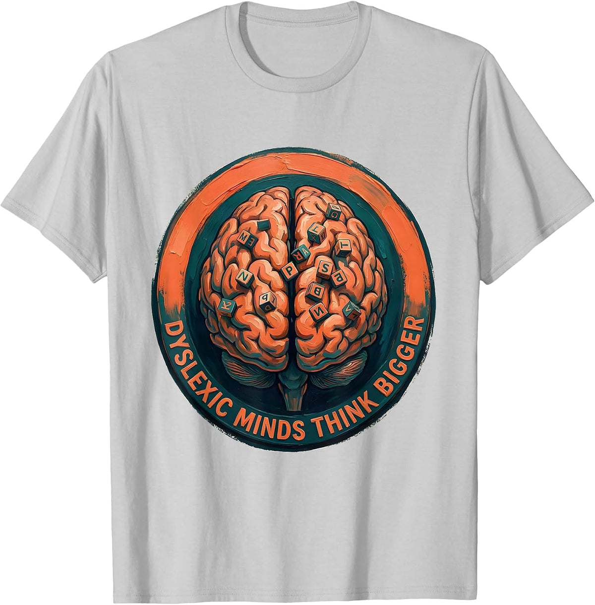 Men's Dyslexic Minds Think Bigger Awareness Design T-Shirt - Silver Grey