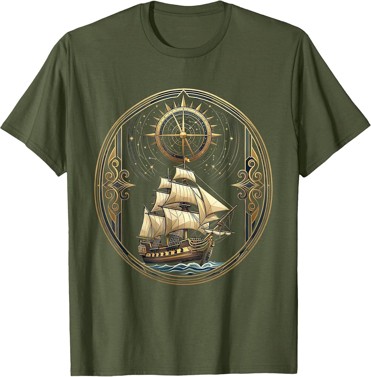 Renaissance Merchant Ship Starry Astrolabe Graphic T-Shirt - Olive Green