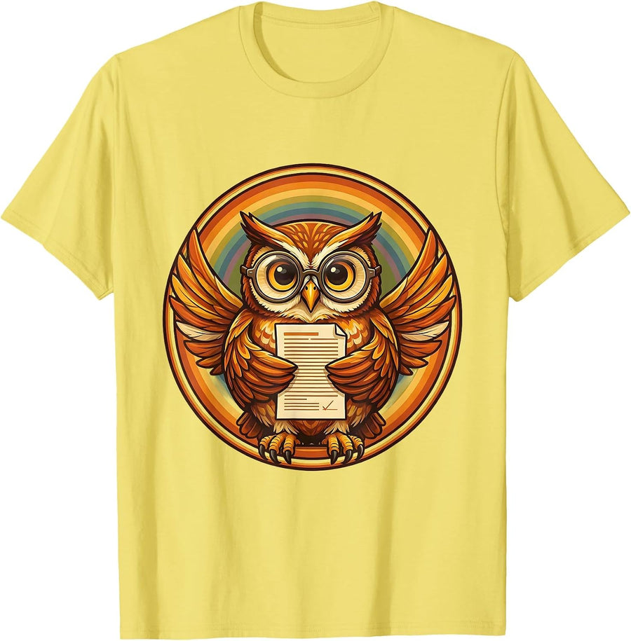 Men's 2nd Grade Teacher Owl with Glasses Report Card T-Shirt - Lemon Yellow