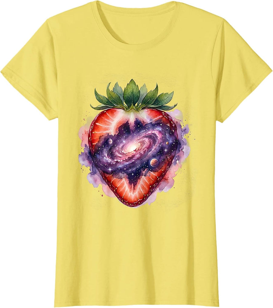 Women's Strawberry Cosmic Universe Surreal Nature Art T-Shirt - Lemon Yellow